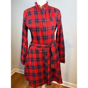 Kiel James Patrick Cozy Cabin Flannel Shirt Dress XS Red Navy Plaid Belted